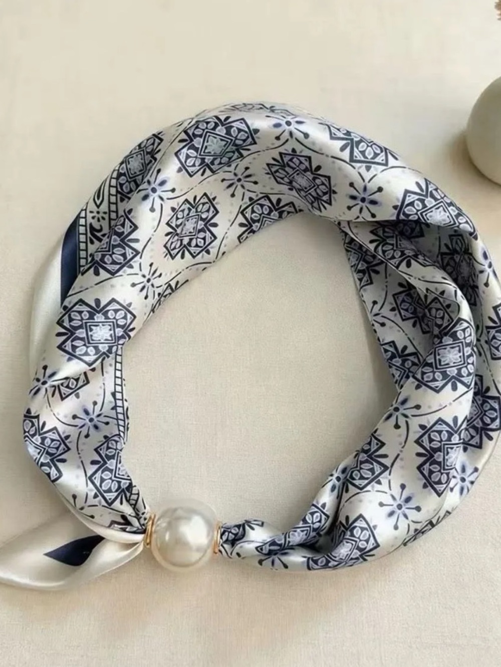 FROM PARIS FRANCE Navy Pattern Satin Scarf with Pearl Accent